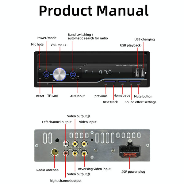 T100C 7 inch Manually Retractable Screen Car MP5 Player Radio, Support Mirror Link & FM & TF Card & USB & Bluetooth Hand-free Calling & Reversing Trajectory System & CayPlay Connection