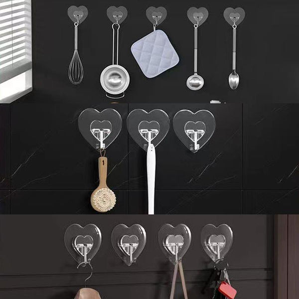 10pcs Transparent Self Adhesive Heart-shaped Hooks Door Wall Multi-Function Key Storage Hanger