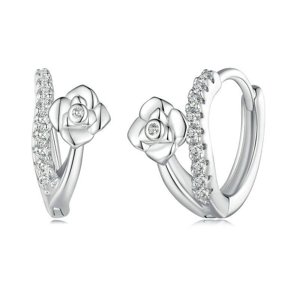 BSE752 Sterling Silver S925 White Gold Plated Smooth Lines Floral Zirconia Earrings