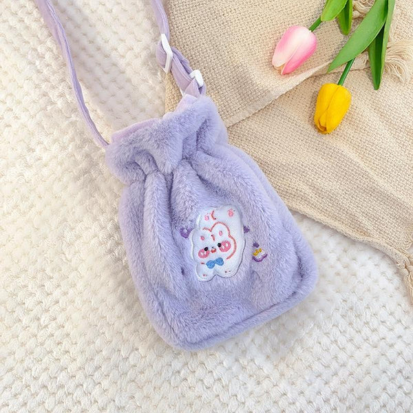 Plush Embroidery Washable Can Be Crossbody Water-Filled Warm Water Bag Purple Bunny+Strap