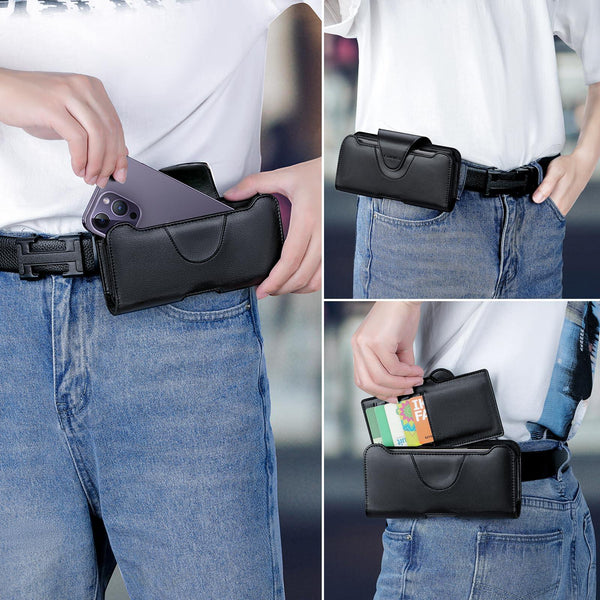 NUOKU 5.5-6.7 Inch Dual Phone Belt Clip Carrying Pouch Litchi Texture Leather Phone Case(Black)