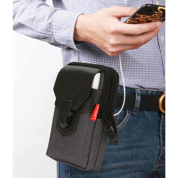 For 6-7 inch Mobile Phones Universal PU Leather + Fabric Stitching Waist Bag(Black)