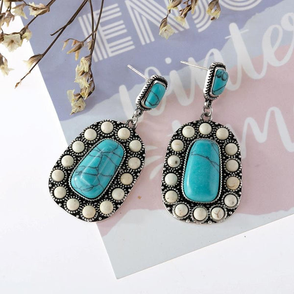 925 Antique Silver Plated Turquoise Earrings(Silver)