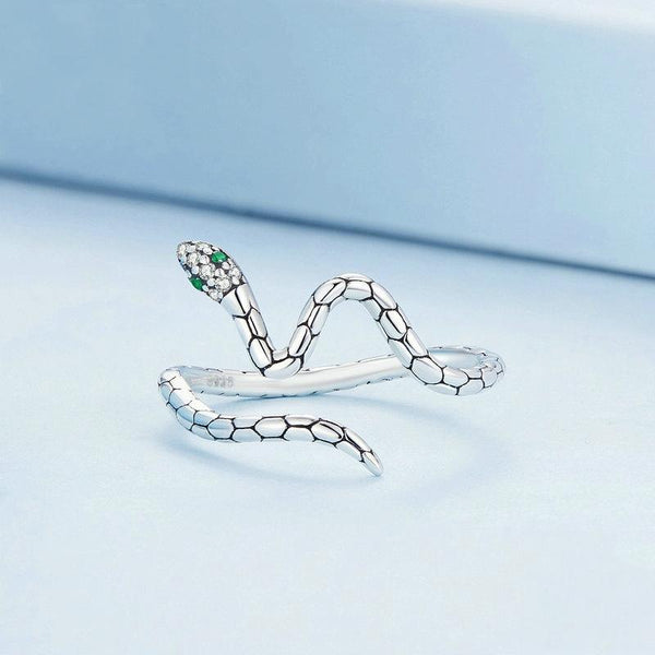 BSR347 Sterling Silver S925 Zirconia Wrapped Spirit Snake Snake Open Ring