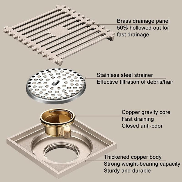 All Copper Brushed Anti-Odor Floor Drain Gravity Copper Core Bathroom Floor Drain, Specification: Square Invisible