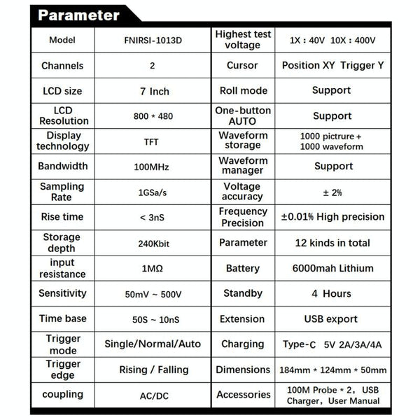 FNIRSI 1013D 1GS Sampling Dual Channel 100M Bandwidth Digital Oscilloscope, US Plug(English)