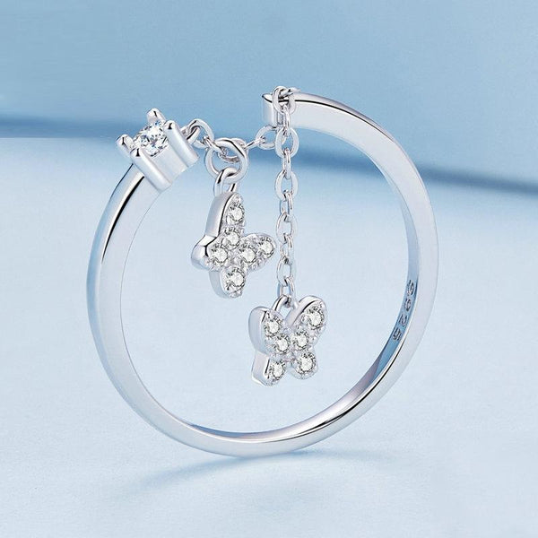 BSR349 Sterling Silver S925 Butterfly Chain Open Zircon Plated Gold Ring