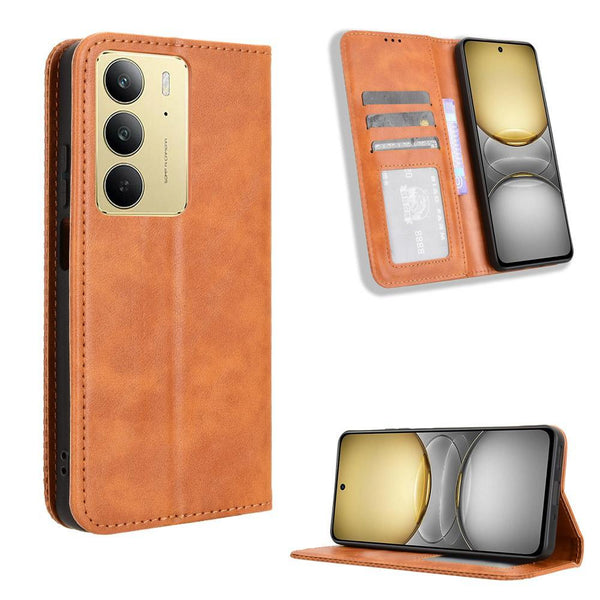 For Realme C75 4G Magnetic Buckle Retro Texture Leather Phone Case(Brown)