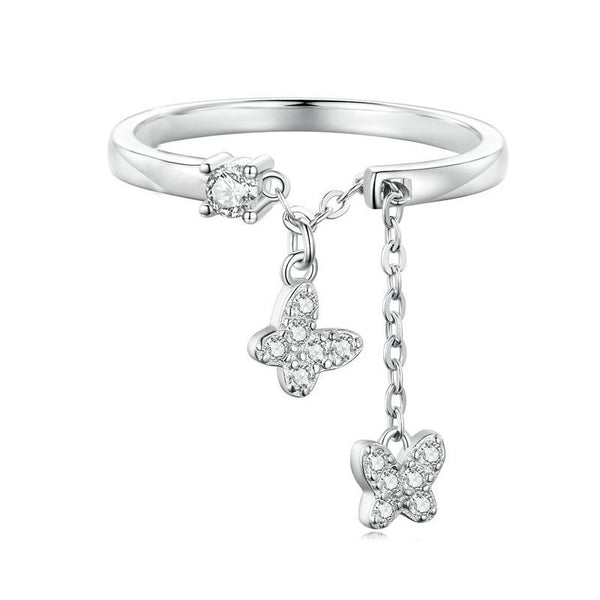BSR349 Sterling Silver S925 Butterfly Chain Open Zircon Plated Gold Ring