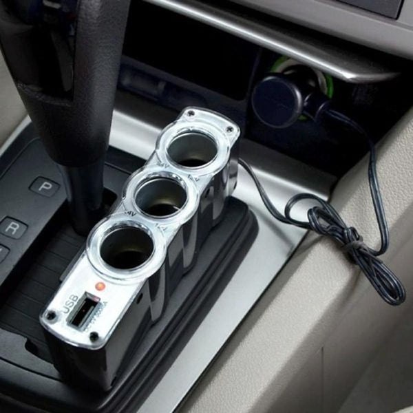 WF-0120 12V / 24V 3 Way Triple Sockets USB Car Cigarette Lighter Socket Splitter Charger(Black)