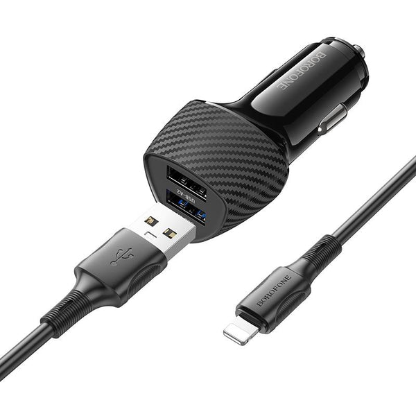BOROFONE BZ31A Solid Dual-port USB Car Charger Set with USB to 8 Pin Cable(Black)