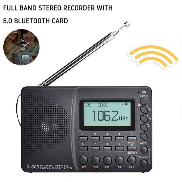 K-603 Portable FM / AM / SW Full Band Stereo Radio, Support BT & TF Card (Black)