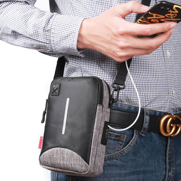 For 6-7 inch Mobile Phone Universal Silver Wire Canvas Waist Bag with Shoulder Strap & Earphone Hole & USB Cable Hole(Black)