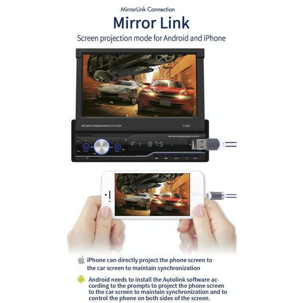 T100C 7 inch Manually Retractable Screen Car MP5 Player Radio, Support Mirror Link & FM & TF Card & USB & Bluetooth Hand-free Calling & Reversing Trajectory System & CayPlay Connection