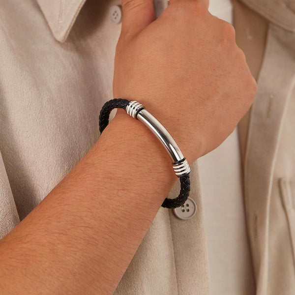 OPK PH1586 Simple Men Leather Bracelet Stainless Steel Magnetic Insert Buckle Bracelet, Color: Steel Color