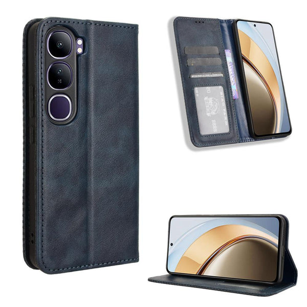 For vivo V40 Lite 4G / 5G IDN Magnetic Buckle Retro Texture Leather Phone Case(Blue)