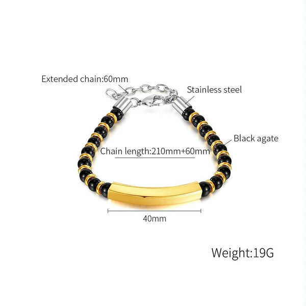 OPK GS1552 Stainless Steel Onyx Beaded Bracelet, Color: Gold