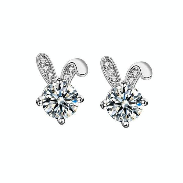 XEA010 S925 Silver Needle Full Diamond Rabbit Earrings Women Mosan Diamond Earrings(White)