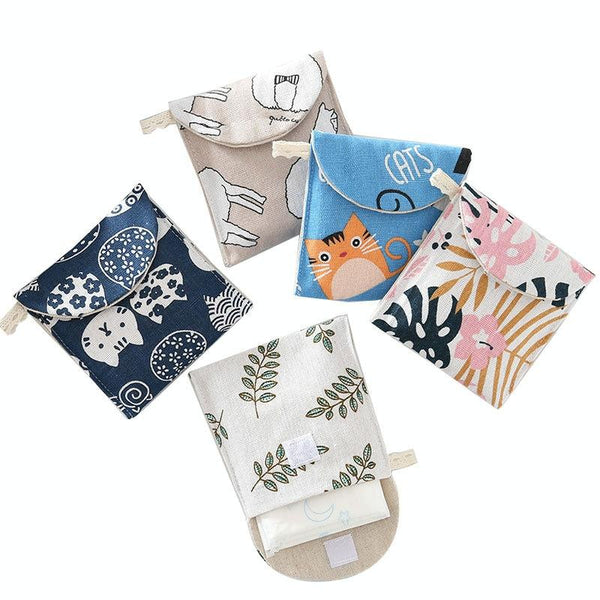 8pcs Cotton and Linen Sanitary Napkin Storage Bag Handy Clutch Bag(Turtle)