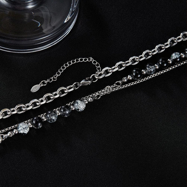 OPK GX2416 Stainless Steel Double Chain Glass Beads Necklace