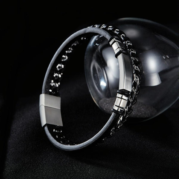 OPK PH1587 Stainless Steel Glossy Double Braided Leather Magnetic Insert Buckle Bracelet