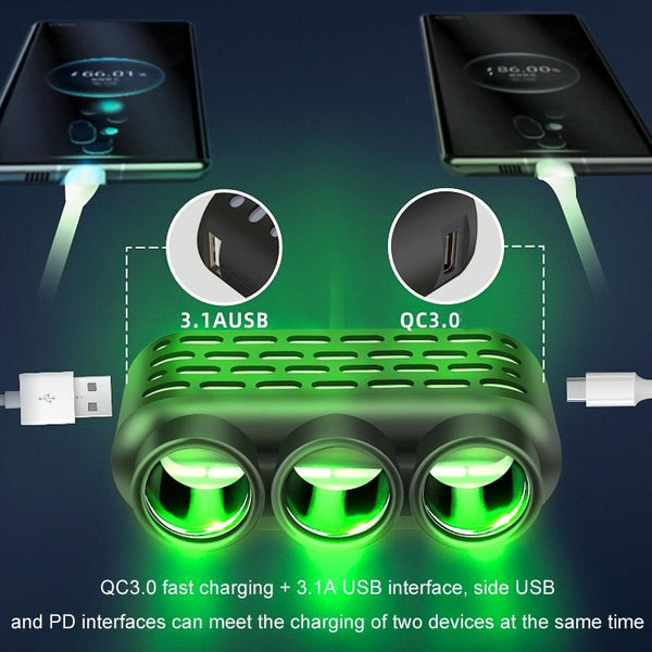 1 To 3 12V/24V Car Cigarette Lighter Charger Multi-function Seven-color Light(120W)