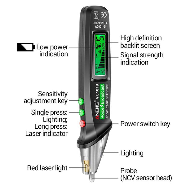 ANENG VC1019 Non-Contact Induction Electric Pen High-Precision Line Detection Breakpoint Voice Test Pen(Black)