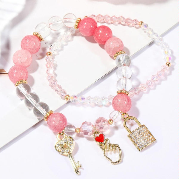 S2203-7 Pink+Key Crystal Beaded Bracelet Ladies Natural Crystal Bracelet