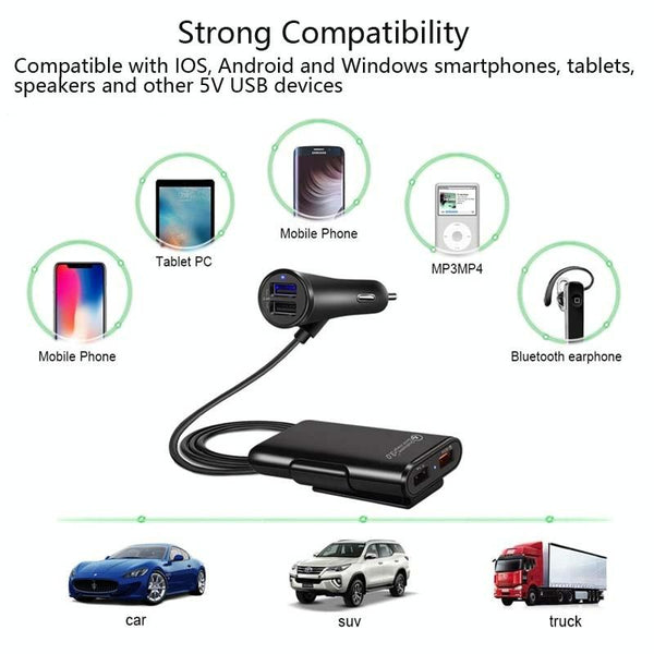 One For Four 8A Car Charger QC3.0 Fast Charge 4USB Car Front And Rear Seat Car Charger