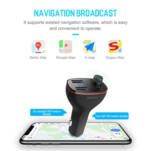 Rock B300 Wireless Bluetooth V4.2 FM Transmitter Radio Adapter Car Charger, With Dual USB Output & Hand-Free Calling, Music Player Support USB Flash Drive & U Disk, Compatible with IOS & Android