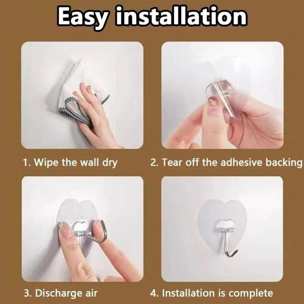 10pcs Transparent Self Adhesive Heart-shaped Hooks Door Wall Multi-Function Key Storage Hanger