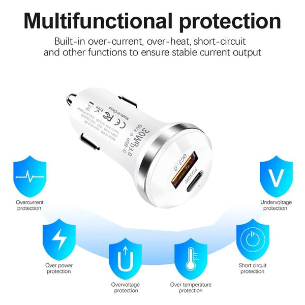 P28 USB-C PD30W + QC3.0 18W USB Dual Port Car Charger(White)