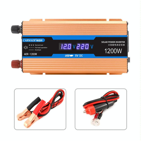 Carmaer Modified Sine Wave 12V to 220V 1200W Car Multi-function Double Digital Display Inverter Household Power Converter