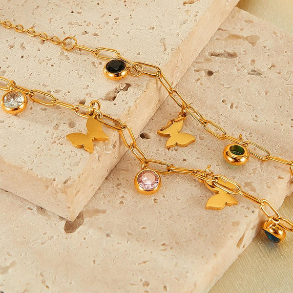 OPK GX2406 Colorful Dopamine Zirconia Stainless Steel Stereo Butterfly Pendant Necklace