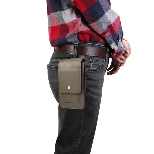 Lambskin Texture Men Phone Universal Double Lattice Waist Bag Leather Case, Size:L(Grey)