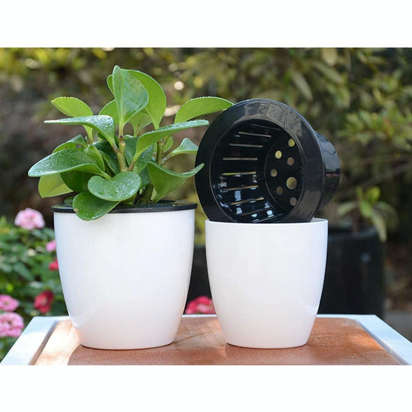 Lazy Flower Pots Automatic Water-absorbing Hydroponic Potted Plants Circular Resin Plastic Flower Pots Double-layer Design Self Watering Planter, Diameter: 11cm, Height: 10.3cm(White)