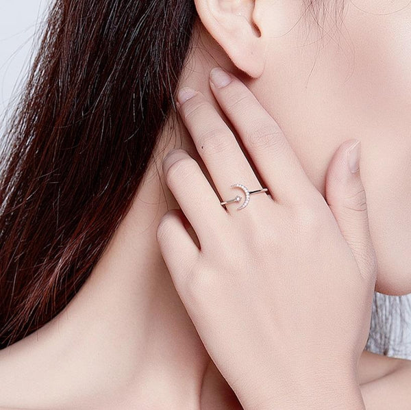 S925 Female Sterling Silver Zircon Ring Moon Open Ring Temperament Ring