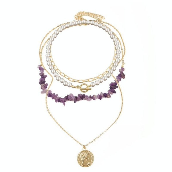 Boho Colorful Broken Natural Stone Necklace, Model: N2105-17 Purple Stone