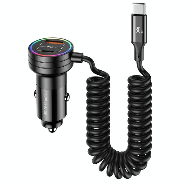 USAMS US-CC167 C33 60W Spring Cable Car Charger with Aperture(Black)