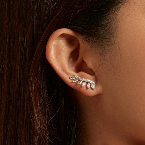 BSE780 Sterling Silver S925 Sparkling Platinum Zircon Wing Feather Long Stud Earrings