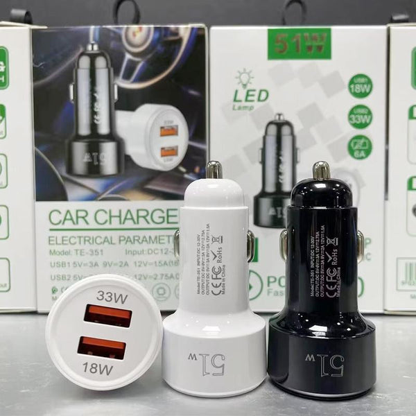 51W Dual Port QC3.0 USB 33W + 18W Fully Compatible Car Charger(Black)