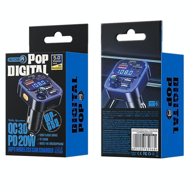 WEKOME WP-C52 Pop Digital Series MP3 Wireless Fast Charging Car Charger(Black)