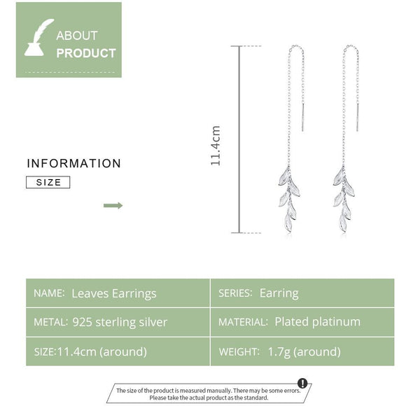 S925 Sterling Silver Simple Style Long Leaves Women Earrings