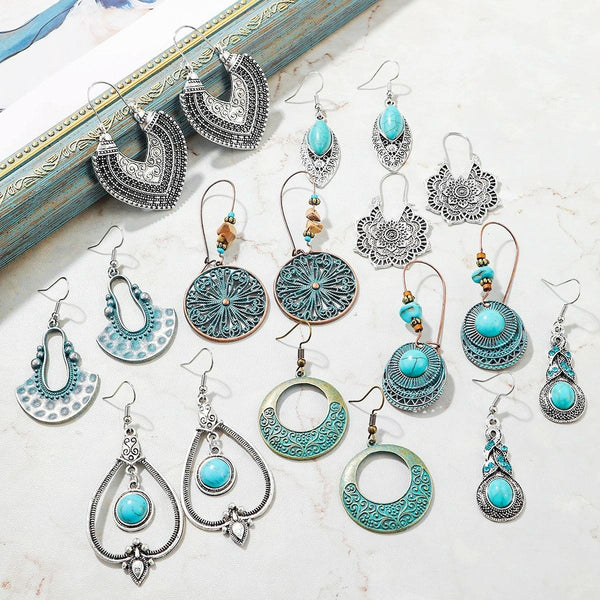 E2203-3 Turquoise Ethnic Style Earrings Temperament Simple Vintage Earrings