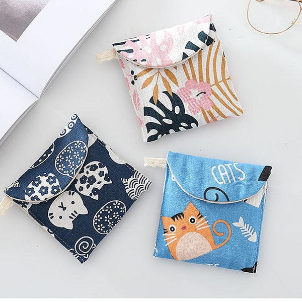 8pcs Cotton and Linen Sanitary Napkin Storage Bag Handy Clutch Bag(Black Tree)