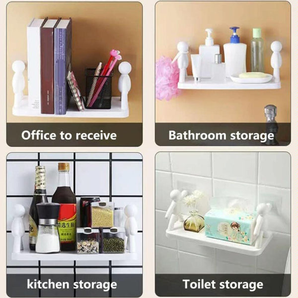 2pcs Small Person Shape Simple Wall Mounted Suction Cup Shelf Bathroom Cosmetic Storage(White)