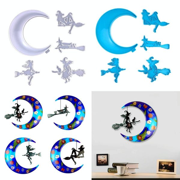 DIY Halloween Crystal Drop Plastic Mold Moon Witch Decoration Key Pendant Silicone Mold(7414 Blue)