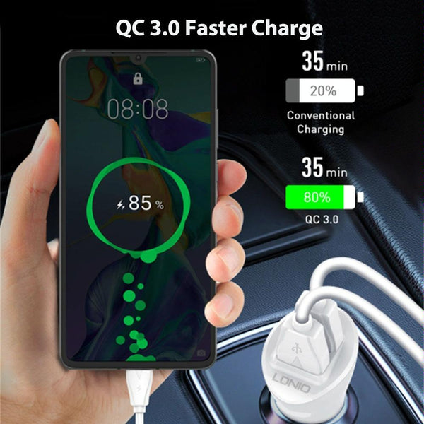 LDNIO C511Q 36W QC 3.0 Phone Fast Charger Dual-USB Ports Smart Car Charger with 8 Pin Cable