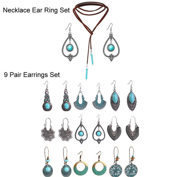 Bohemian Turquoise Natural Stone Sweater Vintage Pendant, Model: Necklace Ear Ring Set