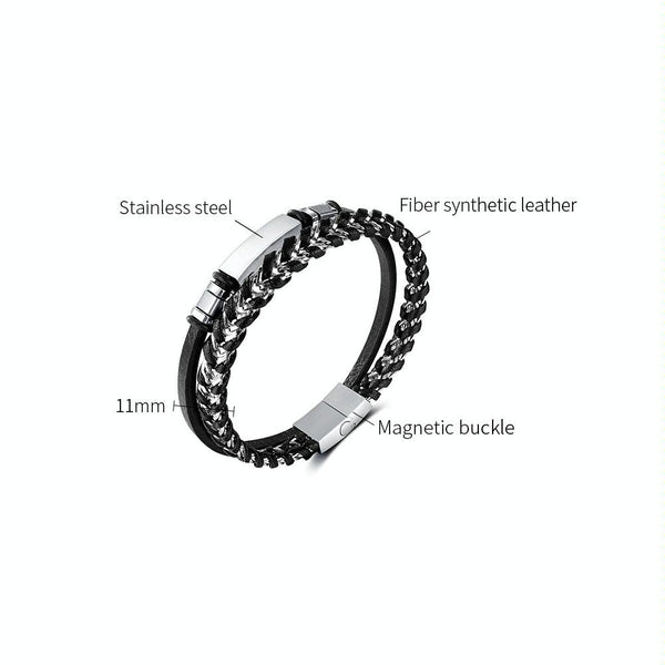 OPK PH1587 Stainless Steel Glossy Double Braided Leather Magnetic Insert Buckle Bracelet